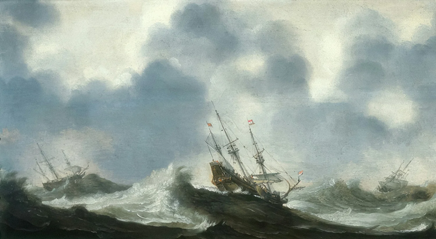Painting of sailing ships caught in a storm at sea.