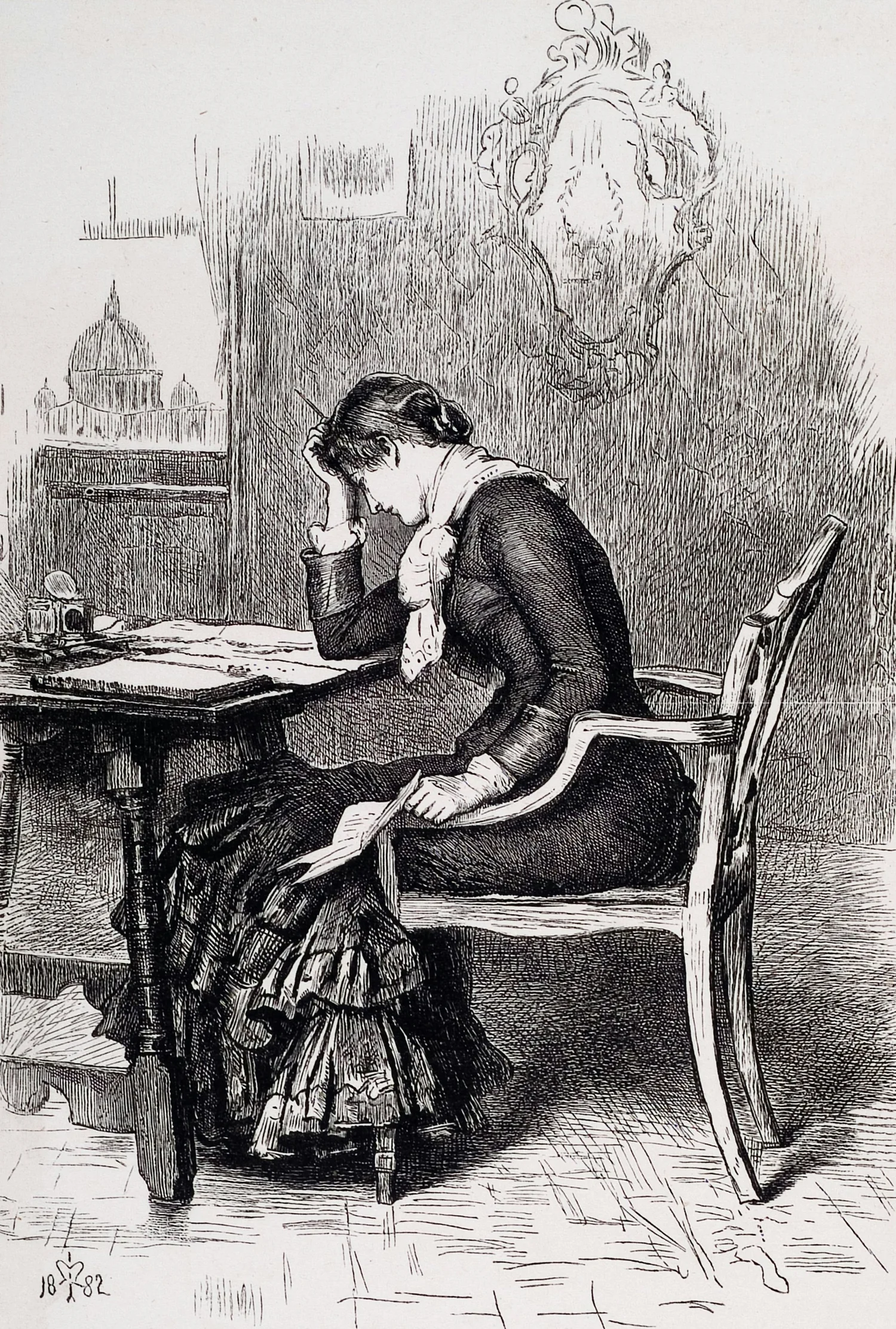 Engraving of a woman at a writing desk, head in her hand.